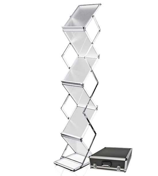 Porte-brochures pliable avec valise de transport métallique.